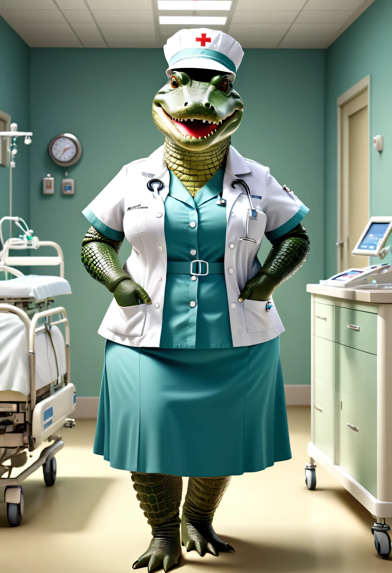 photorealistic portrait of Dressed animals - a ((fat)) crocodile nurse,(elegant pose:1.2),(hands in pockets:1.5), (elegant smile:1.2),(),high quality,(lovely) ,intricate details, highly detailed (( nurse costume)), wearing nurse cap and skirt , highly detailed medical equipment , (happy), perfect room lighting,(full body image:1.5),(hospital background:2.0)