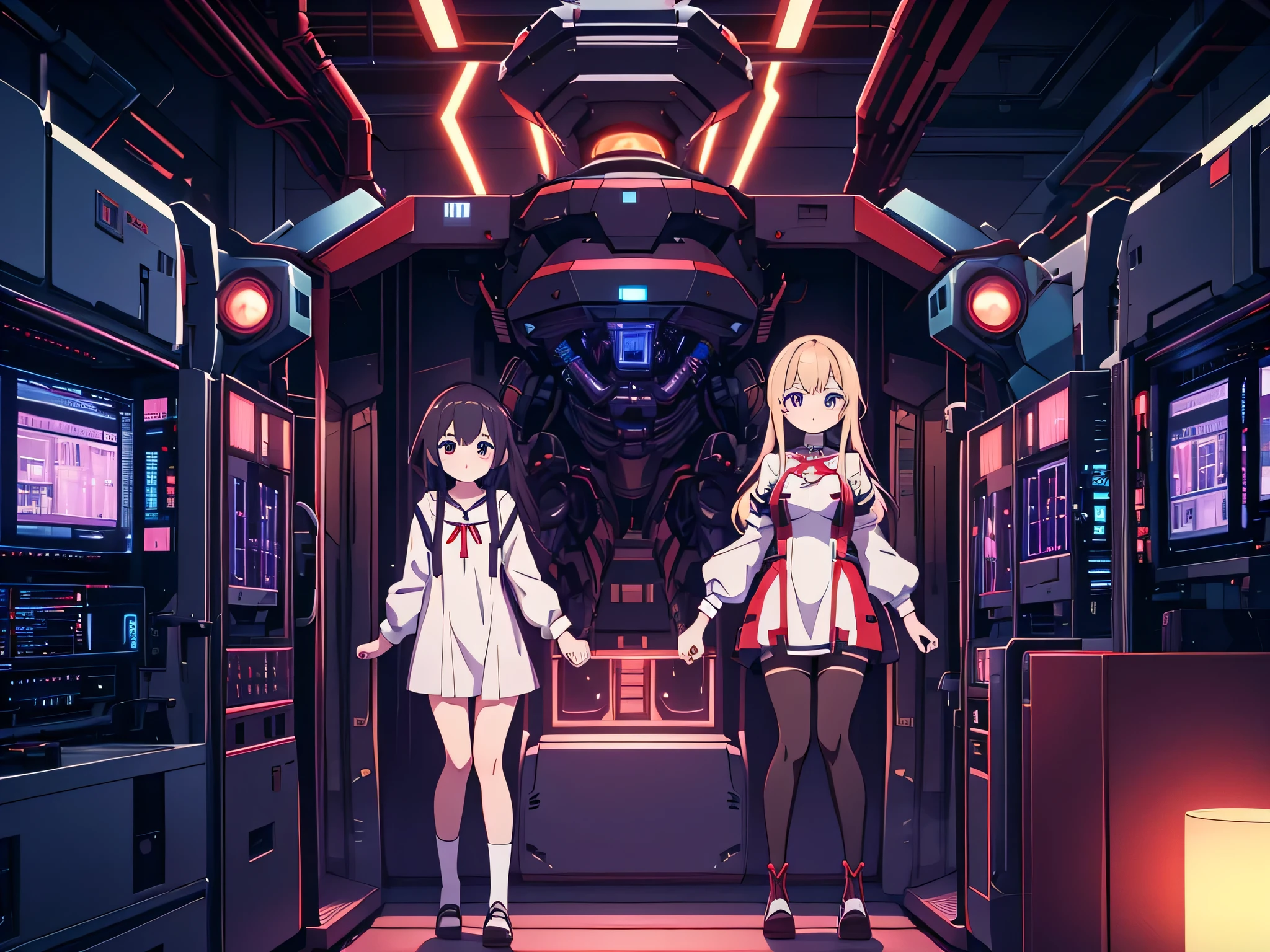 young and mature mini dress anime girls looking concerned holding hands in dark scary laboratory as they approach a large ancient robot connected to many high-tech mainframes, 8k high detail, atmospheric 