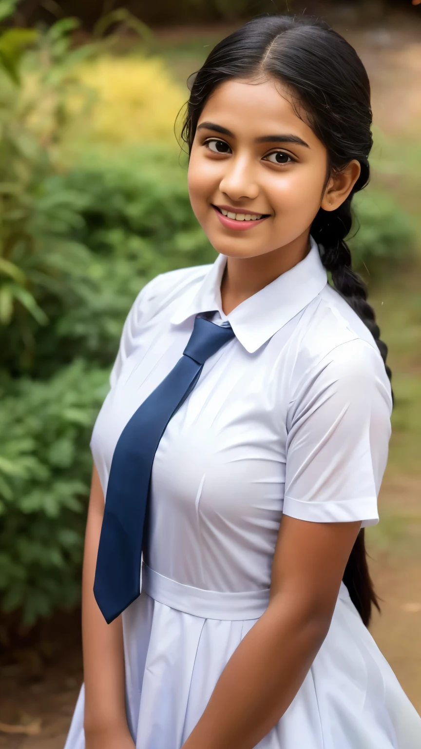 Raw photo , 1 girl  ,Wearing white frock and color tie, white shoes ,sri lanka teen school girl, with plait, stand in the ground big breasts, sexy , professional photographer, (hdr:1.4), masterpiece, ultra-realistic 8k, perfect artwork, intrincate details, cute face, award winning photograph, (Best quality, 8k, 32k, Masterpiece, UHD:1.3) , biggest boob, big ass, looking down, down look 