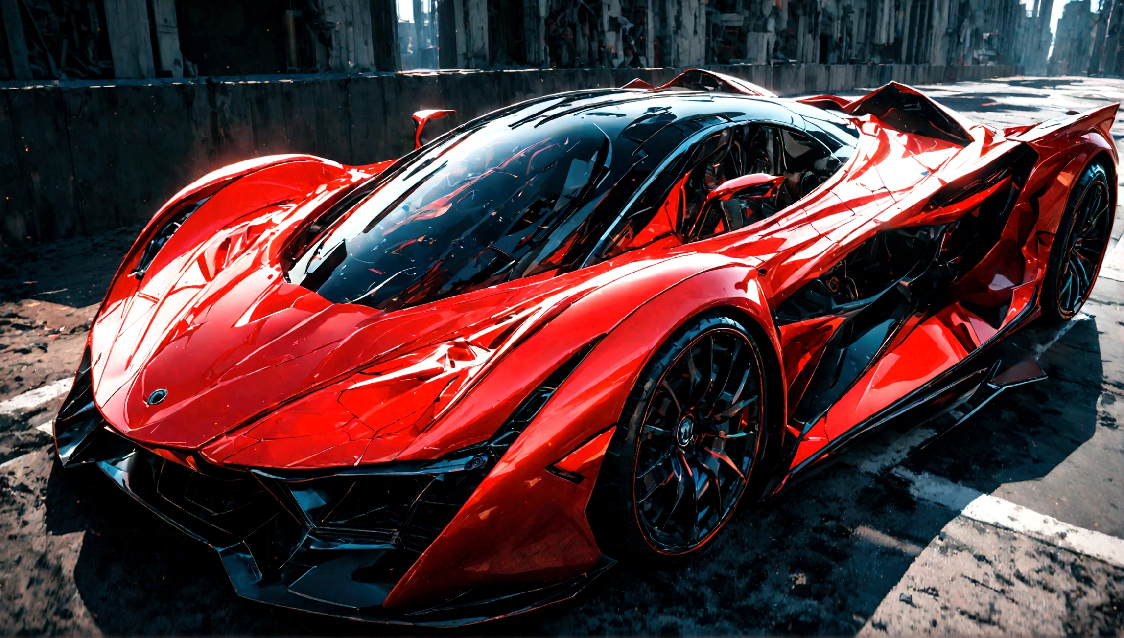 a futuristic supercar,highly detailed, 8k, photorealistic, glossy metallic finish, intricate mechanical parts, glowing neon accents, advanced aerodynamic design, sleek and angular body, vibrant red color, dramatic lighting, cinematic atmosphere, ground-level perspective
