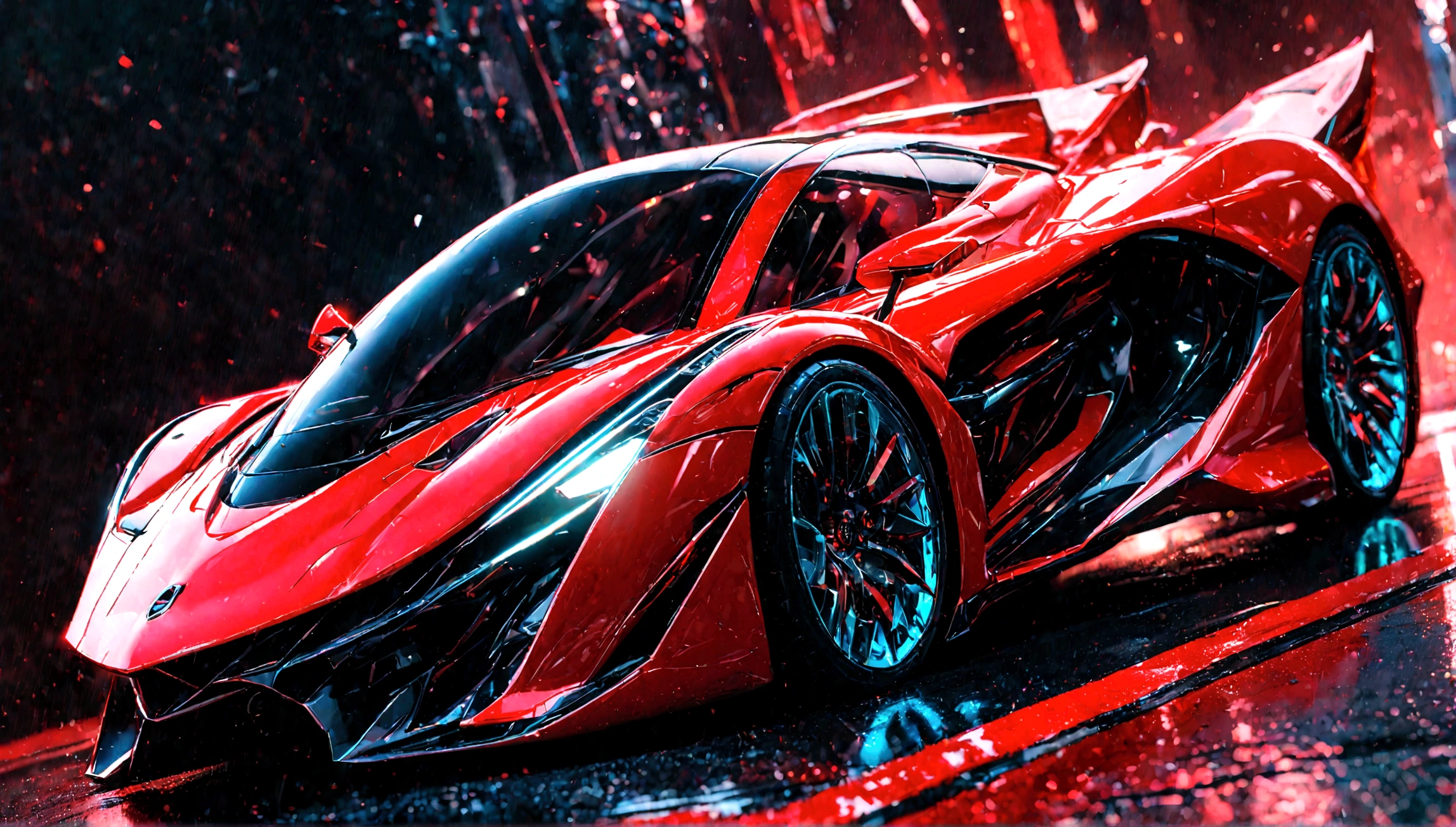a futuristic supercar,highly detailed, 8k, photorealistic, glossy metallic finish, intricate mechanical parts, glowing neon accents, advanced aerodynamic design, sleek and angular body, vibrant red color, dramatic lighting, cinematic atmosphere, ground-level perspective