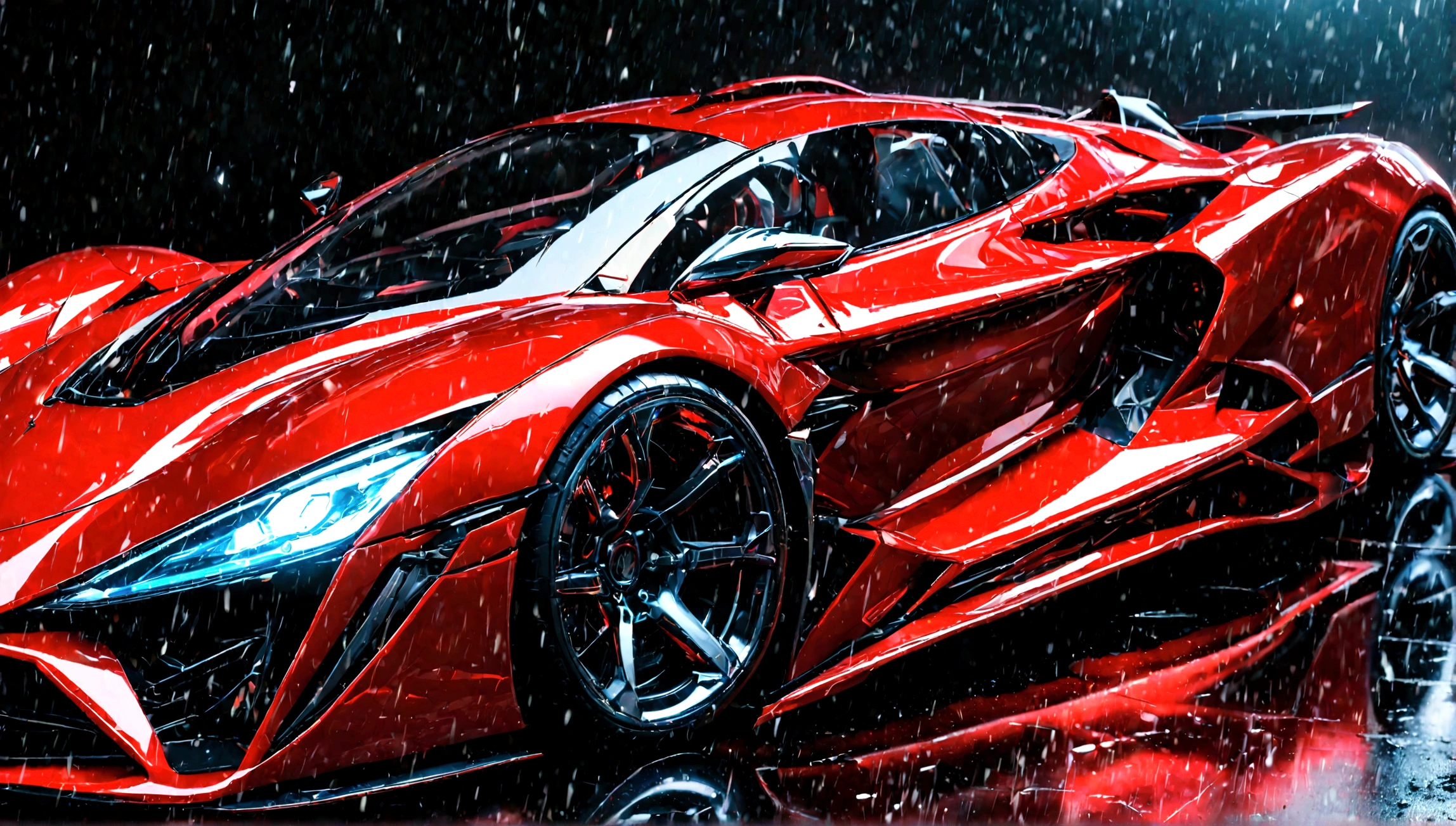 a futuristic supercar,highly detailed, 8k, photorealistic, glossy metallic finish, intricate mechanical parts, glowing neon accents, advanced aerodynamic design, sleek and angular body, vibrant red color, dramatic lighting, cinematic atmosphere, ground-level perspective