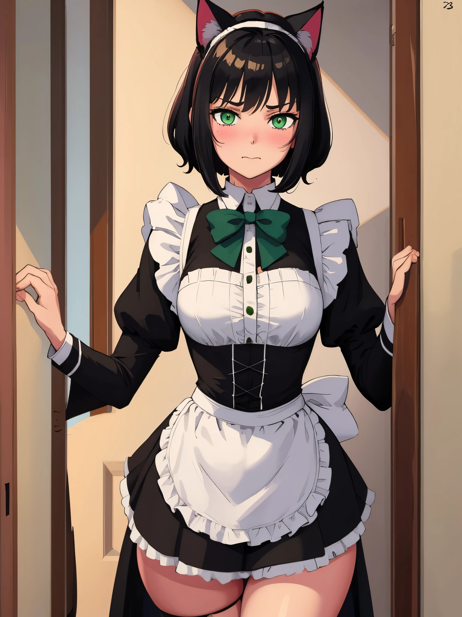 (masterpiece, best quality:1.2), aka6, 1girl, solo, medium hair, black hair, green eyes, cat eyes, slim body, cheerfull, happy, blush, closed mouth, small breasts, maid outfit, catgirl