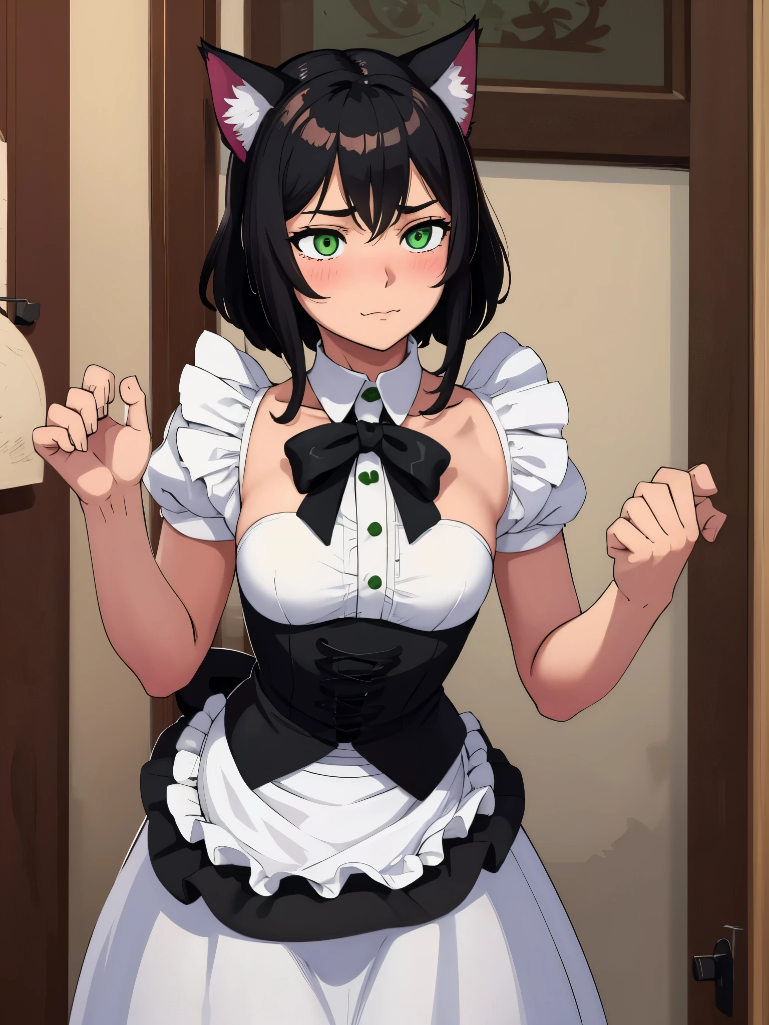 (masterpiece, best quality:1.2), aka6, 1girl, solo, medium hair, black hair, green eyes, cat eyes, slim body, cheerfull, happy, blush, closed mouth, small breasts, maid outfit, catgirl