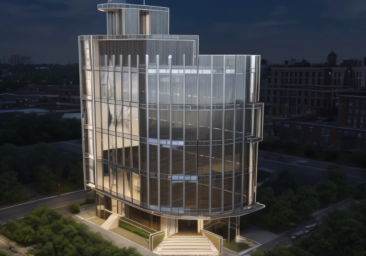 masterpiece, exterior, 5 stories office building, glass facade, street perspective view, 4k, beautifly, modern style, great inside lighting, trees, beautiful landscape surounding