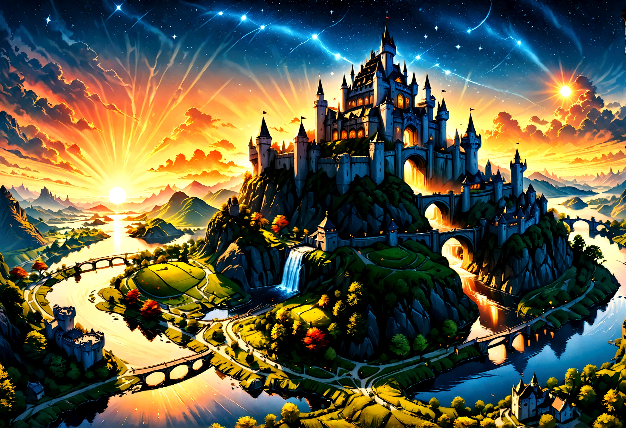 Arafed, an award winning picture, National Geographic style, magnificent artistic picture of a castle on a mountain range near a lake at dusk, fantasy art D&D art, castle, with towers, turrets, barbican, it is dusk time, the sun is going down, and there are stars in the skies, the last rays of sun, there is a bridge lit by torches crossing to the other side, fantasy forest background, ultra best realistic, best details, 16k, [ultra detailed], masterpiece, best quality, (extremely detailed), photorealism, depth of field, hyper realistic painting, Cinematic Hollywood Film style, 