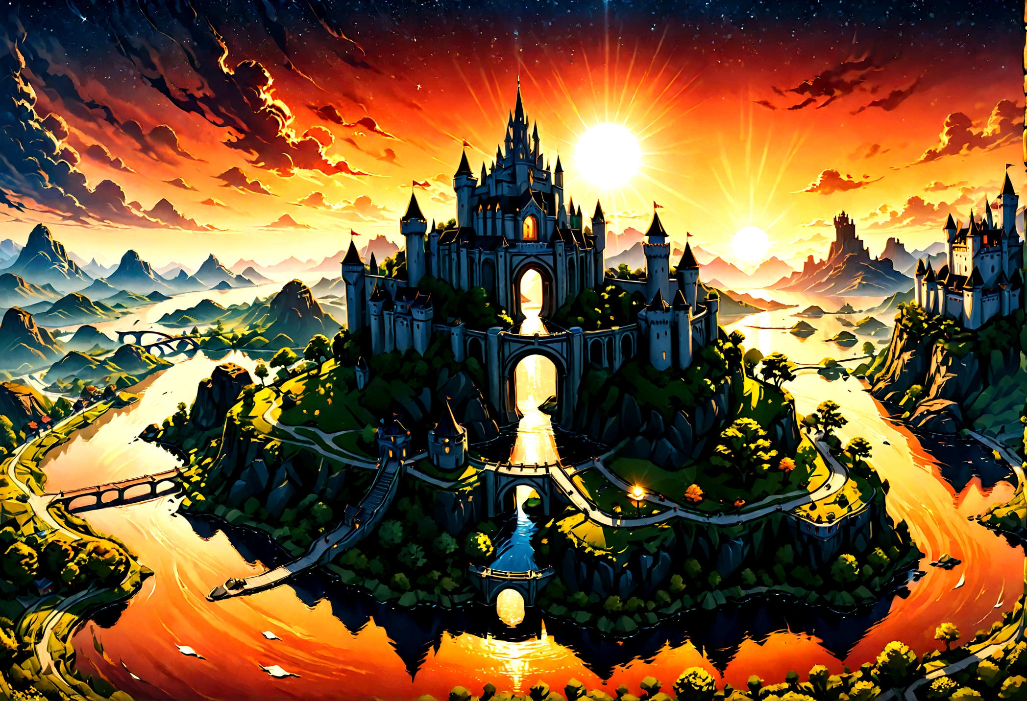 Arafed, an award winning picture, National Geographic style, magnificent artistic picture of a castle on a mountain range near a lake at dusk, fantasy art D&D art, castle, with towers, turrets, barbican, it is dusk time, the sun is going down, and there are stars in the skies, the last rays of sun, there is a bridge lit by torches crossing to the other side, fantasy forest background, ultra best realistic, best details, 16k, [ultra detailed], masterpiece, best quality, (extremely detailed), photorealism, depth of field, hyper realistic painting, Cinematic Hollywood Film style, 
