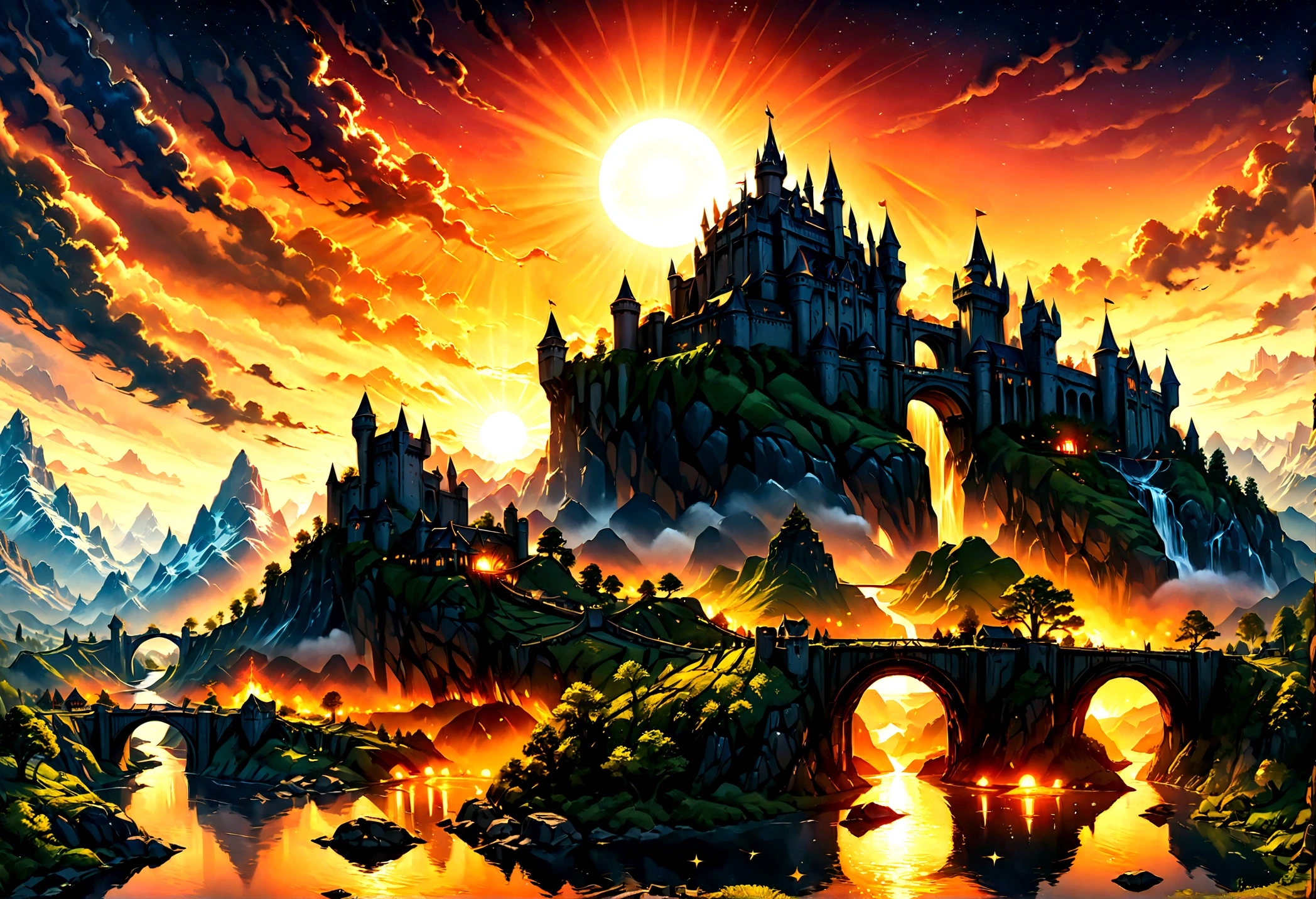 Arafed, an award winning picture, National Geographic style, magnificent artistic picture of a castle on a mountain range near a lake at dusk, fantasy art D&D art, castle, with towers, turrets, barbican, it is dusk time, the sun is going down, and there are stars in the skies, the last rays of sun, there is a bridge lit by torches crossing to the other side, fantasy forest background, ultra best realistic, best details, 16k, [ultra detailed], masterpiece, best quality, (extremely detailed), photorealism, depth of field, hyper realistic painting, Cinematic Hollywood Film style, 