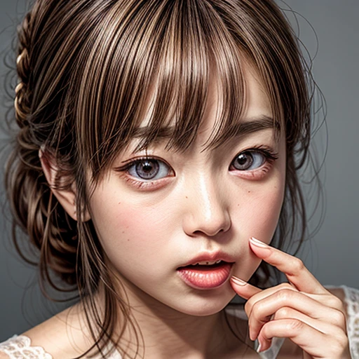(highest quality,Super detailed,Physically Based Rendering:1.2), Realistic,Portraiture,Beautiful young woman with Delicate facial features,Soft lighting, Vibrant colors, ((Playfully licking finger with tongue, Gently placing a finger in the mouth)), (Close-up shot of sensual lips),Cheeks turn slightly red,A gentle and captivating gaze, cute baby finger . Studio gray background, many blurred colorful Lights (dazzling bokeH) . BREAK . (((NOGIZAKA face variations))) Extremely Detailed very KAWAII face variations, elaborate detailed Eyes with (sparkling highlights:1.2), (Voluminous long eyelashes:0.85)、Glossy RED Lips with beautiful details, Coquettish tongue, Rosy cheeks, Radiant PearlSkin with clear transparency, (Natural:0.8) Detailed FlawlessSkin with glowing DowneyHair . { (Dynamic LifeLike expressions) | :d) }, (large eyes:-1) . mouth_hold