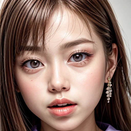 (highest quality,Super detailed,Physically Based Rendering:1.2), Realistic,Portraiture,Beautiful young woman with long wavy hair and captivating eyes,Delicate facial features,Soft lighting, Vibrant colors, ((Playfully licking fingers with tongue, Gently placing a finger in the mouth)),Subtle expressions of joy and anticipation,Romantic atmosphere, (Close-up shot of sensual lips),Cheeks turn slightly red,Sensual and sophisticated,A gentle and captivating gaze. centered, Studio gray background .
