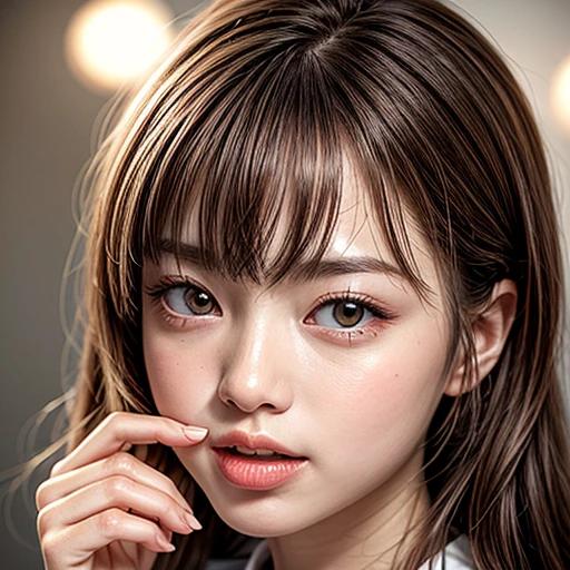 (highest quality,Super detailed,Physically Based Rendering:1.2), Realistic,Portraiture,Beautiful young woman with Delicate facial features,Soft lighting, Vibrant colors, ((Playfully licking finger with tongue, Gently placing a finger in the mouth)), (Close-up shot of sensual lips),Cheeks turn slightly red,A gentle and captivating gaze, cute baby finger . Studio gray background, many blurred colorful Lights (dazzling bokeH) . BREAK . (((NOGIZAKA face variations))) Extremely Detailed very KAWAII face variations, elaborate detailed Eyes with (sparkling highlights:1.2), (Voluminous long eyelashes:0.85)、Glossy RED Lips with beautiful details, Coquettish tongue, Rosy cheeks, Radiant PearlSkin with clear transparency, (Natural:0.8) Detailed FlawlessSkin with glowing DowneyHair . { (Dynamic LifeLike expressions) | :d) }, (large eyes:-1) . mouth_hold