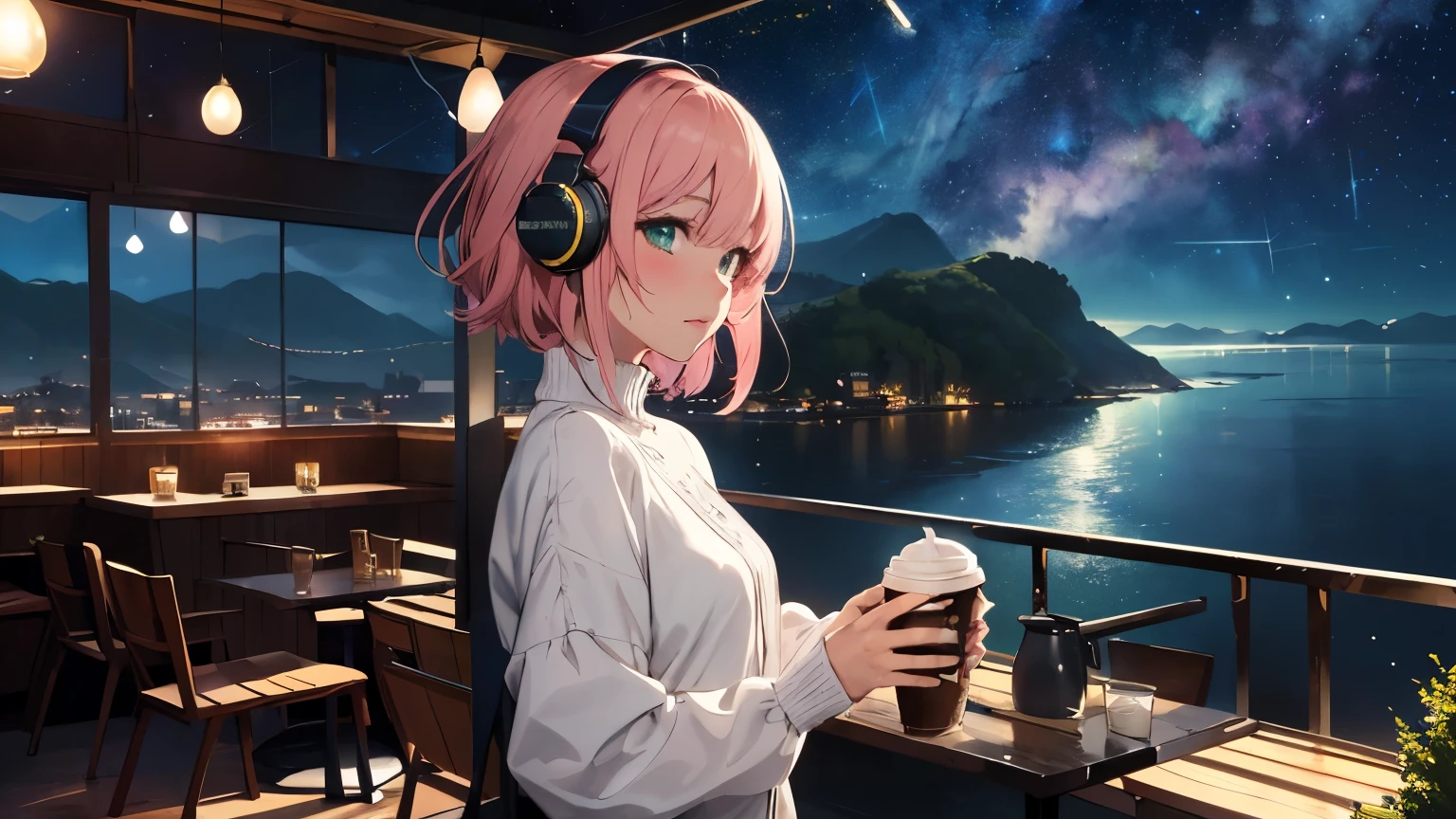 Anime style with early 80's city pop culture vibe, Studio Ghibli atmosphere, Cyberpunk City, Lovely, Put on your headphones, Long-sleeved clothes. Hair blowing in the wind, CG, Unite, Top quality, masterpiece, Optimal lighting, intricate weave,emotional background, Detailed background, (Starry Sky: 1.5), (night: 1.5), (Coffee Shop: 1.5), (located in the mountains，Extensive ocean views: 1.5), beautiful woman, shortcut, Pink Hair, Green Eyes, White skin, Looking up at the distant sky, beautiful