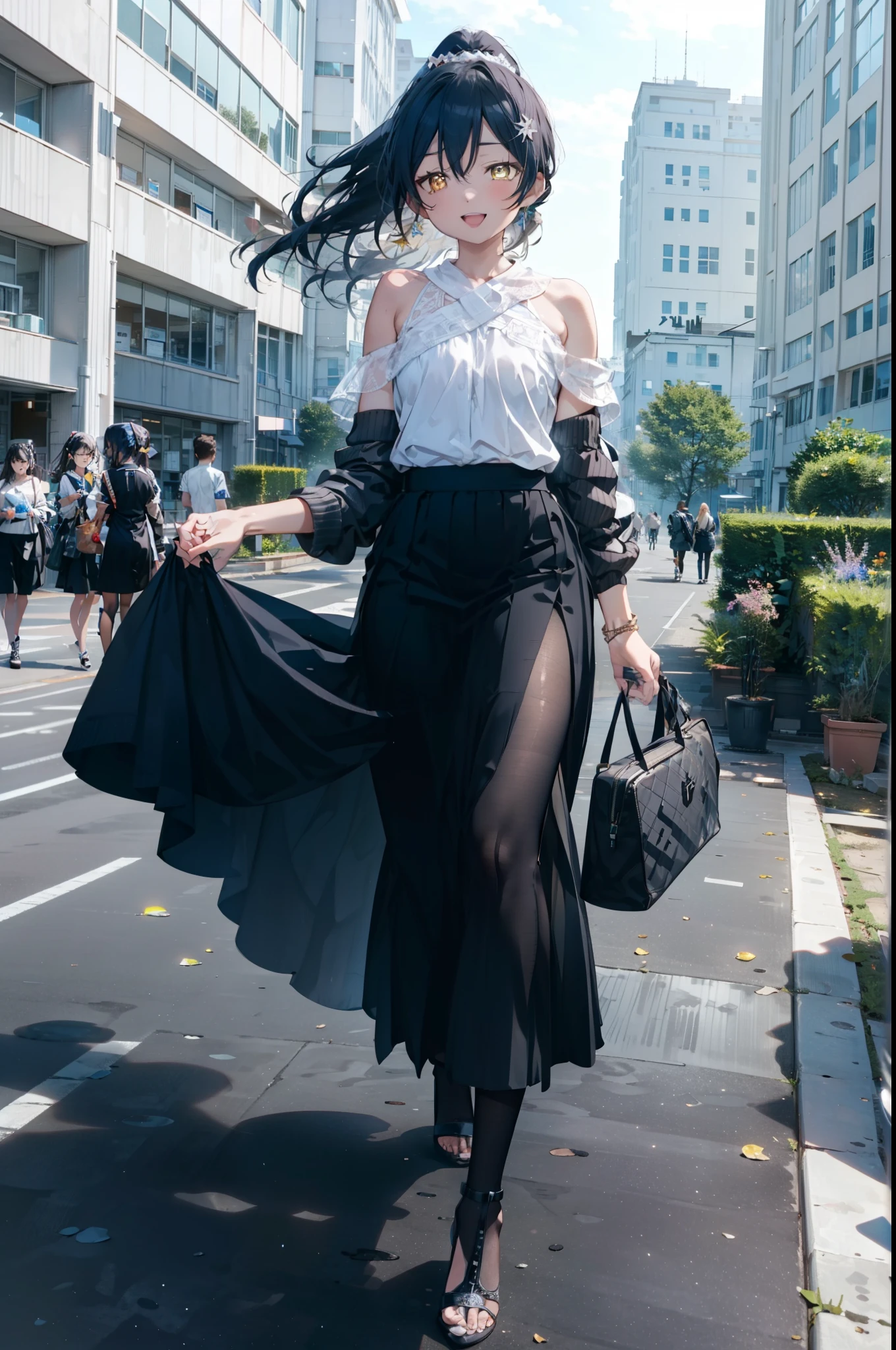 Kamisonoda, Umi Sonoda, Long Hair, ponytail,Blue Hair, (Yellow Eyes:1.5) (Flat Chest:1.2),happy smile, smile, Open your mouth,One-shoulder sweater,Long skirt,Black pantyhose,Stiletto heels,Daytime,Clear skies,walking,
break looking at viewer,whole body,
break outdoors,School,school gate,
break (masterpiece:1.2), highest quality, High resolution, unity 8k wallpaper, (figure:0.8), (Beautiful fine details:1.6), Highly detailed face, Perfect lighting, Highly detailed CG, (Perfect hands, Perfect Anatomy),