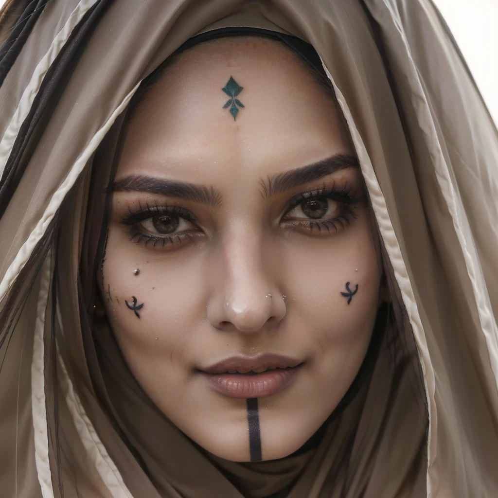 (Iranian woman), (female), (hijab), (face tattoo), (portrait), (Nasrin), (brown eyes), (photorealistic), (pose for pictures), (smooth skin), (brown skin), (brown hijab), (Tattoo on forehead), 