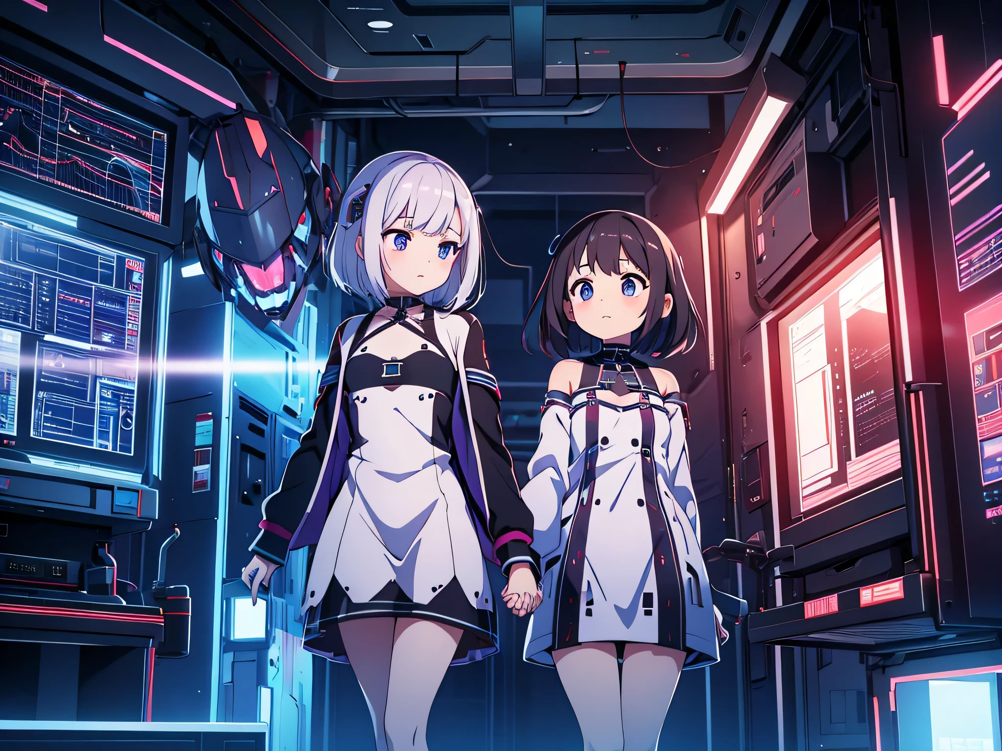 young and mature mini dress anime girls looking concerned holding hands in dark scary laboratory as they approach a large ancient robot connected to many high-tech mainframes, 8k high detail, atmospheric 