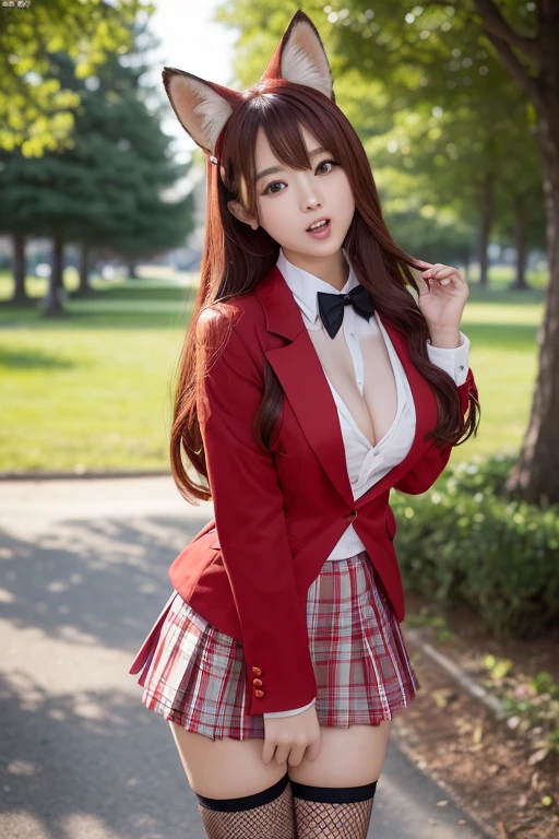 School grounds、Beautiful high school girls 1.5、White costume、((Turning around 1.5)、High school girl uniform 1.5、Fishnet tights、Garter Stockings、(Red blazer uniform、Woman in a mini skirt 1.5)、Large breasts、The nipples are erect、Open your mouth wide 1.2)、A nice build of medium build、Red collar 1.5、Nice body 1.5))、(I have long hair、Loose Curly Hair、Red Hair 1.5、Fox Ears、Long fox tail 1.5)、Full Body Shot