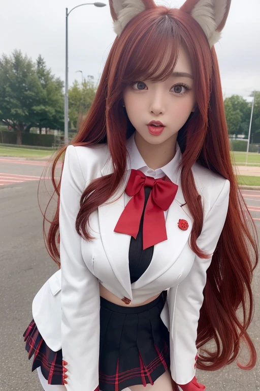 School grounds、Beautiful high school girls 1.5、White costume、((Turning around  1.5)、High school girl uniform 1.5、Fishnet tights、Garter Stockings、(Red blazer uniform、Woman in a mini skirt 1.5)、Large breasts、The nipples are erect、Open your mouth wide 1.2)、A nice build of medium build、Red collar 1.5、Nice body 1.5))、(I have long hair、Loose Curly Hair、Red Hair 1.5、Fox Ears、Long fox tail 1.5)、Full Body Shot