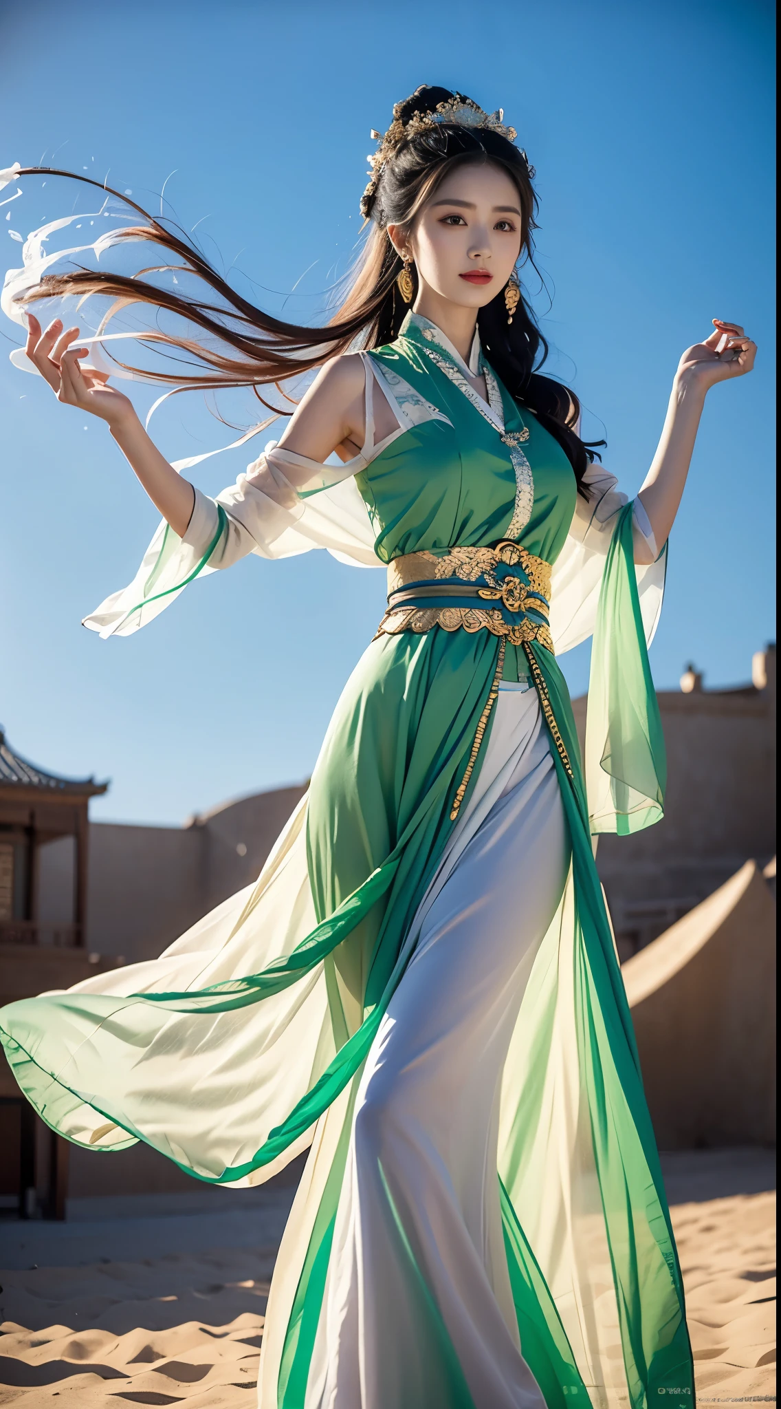 1 Girl，Dunhuang flying costume，messy long hair，JI Jian，Dunhuang style，Lots of smoke，Exquisite，Elegant colors，Don dress long skirt，Dresses，（lifelike，High Detail，masterpiece，Ultra Detailed，Dynamic Angle，Mural Background，Ink，amazing，illumination，illustration，Chiaroscuro，Backlight，God Rays，Netherlands，best quality，best quality