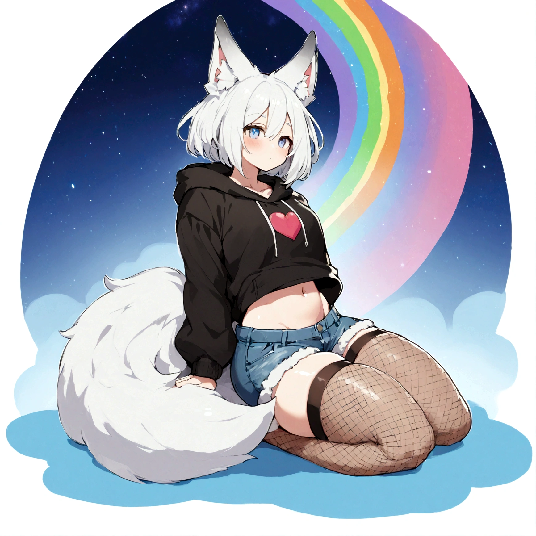 a cute adult male with wolf ears, white hair, has a wolf tail, wearing a loose cropped oversized black hoodie, wearing a pair of denim short shorts and thigh high fishnet stockings, thick thighs, wide hips, relaxing on mound of fluffy multi colored kawaii plushies, short, very slim, showing slender tummy, stretching out, heart on hoodie, squishy thighs, has glowing blue eyes. alone, solo (ALONE)(SOLO), surrounded by rainbows, colorful galaxy backround, nice butt