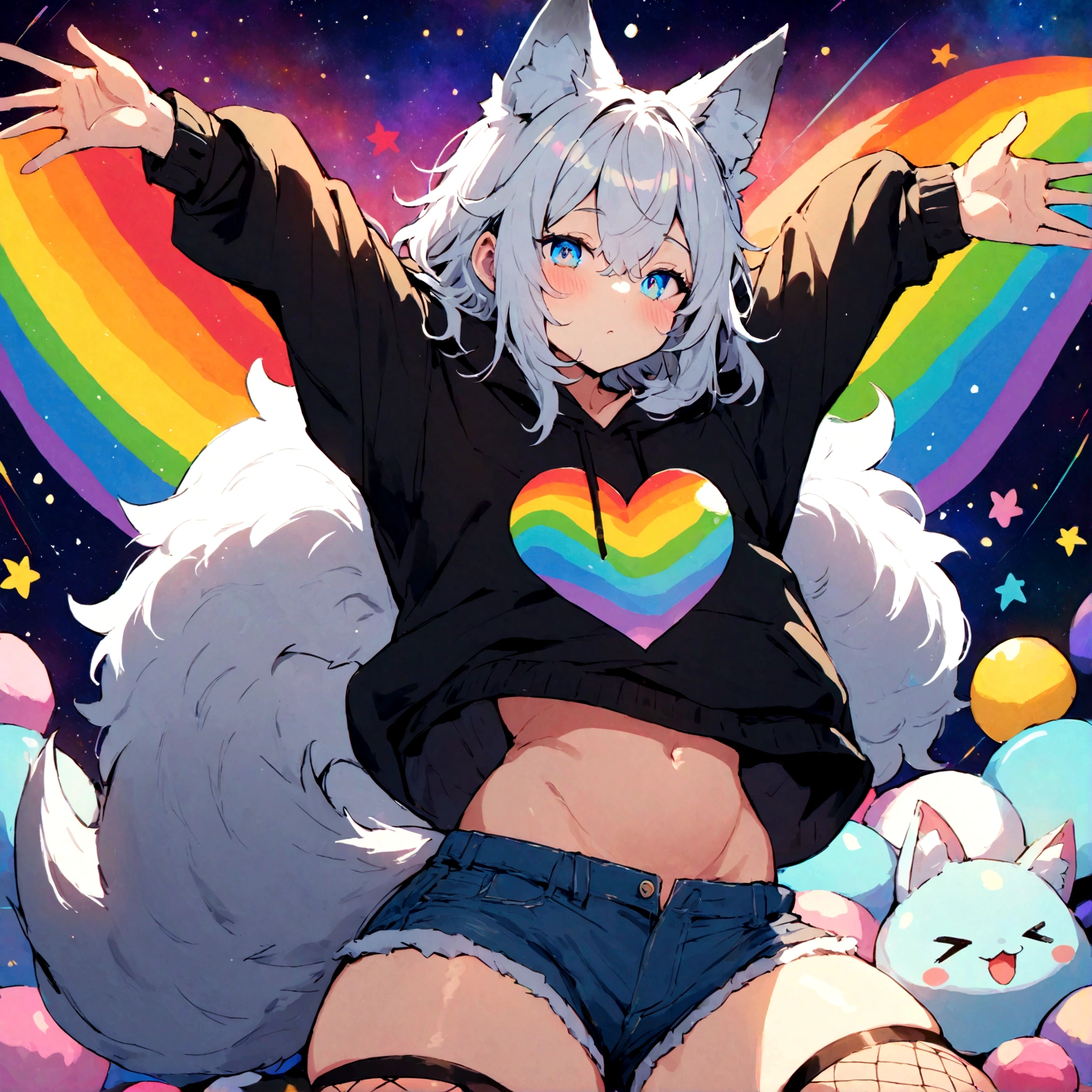 a cute adult male with wolf ears, white hair, has a wolf tail, wearing a loose cropped oversized black hoodie, wearing a pair of denim short shorts and fishnet stockings, thick thighs, wide hips, relaxing on mound of fluffy multi colored kawaii plushies, short, very slim, showing slender tummy, stretching out, heart on hoodie, squishy thighs, has glowing blue eyes. alone, solo (ALONE)(SOLO), surrounded by rainbows, colorful galaxy backround