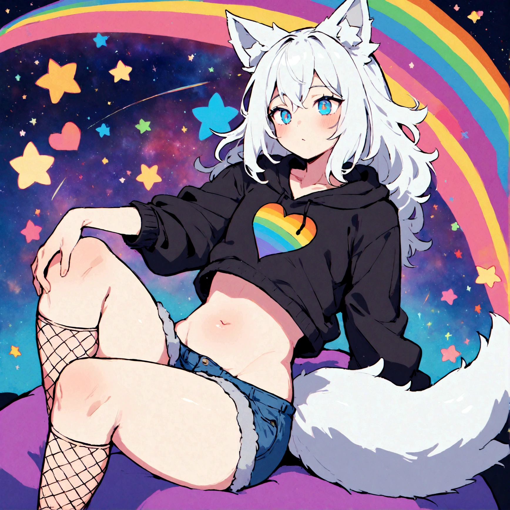 a cute adult male with wolf ears, white hair, has a wolf tail, wearing a loose cropped oversized black hoodie, wearing a pair of denim short shorts and fishnet stockings, thick thighs, wide hips, relaxing on mound of fluffy multi colored kawaii plushies, short, very slim, showing slender tummy, stretching out, heart on hoodie, squishy thighs, has glowing blue eyes. alone, solo (ALONE)(SOLO), surrounded by rainbows, colorful galaxy backround