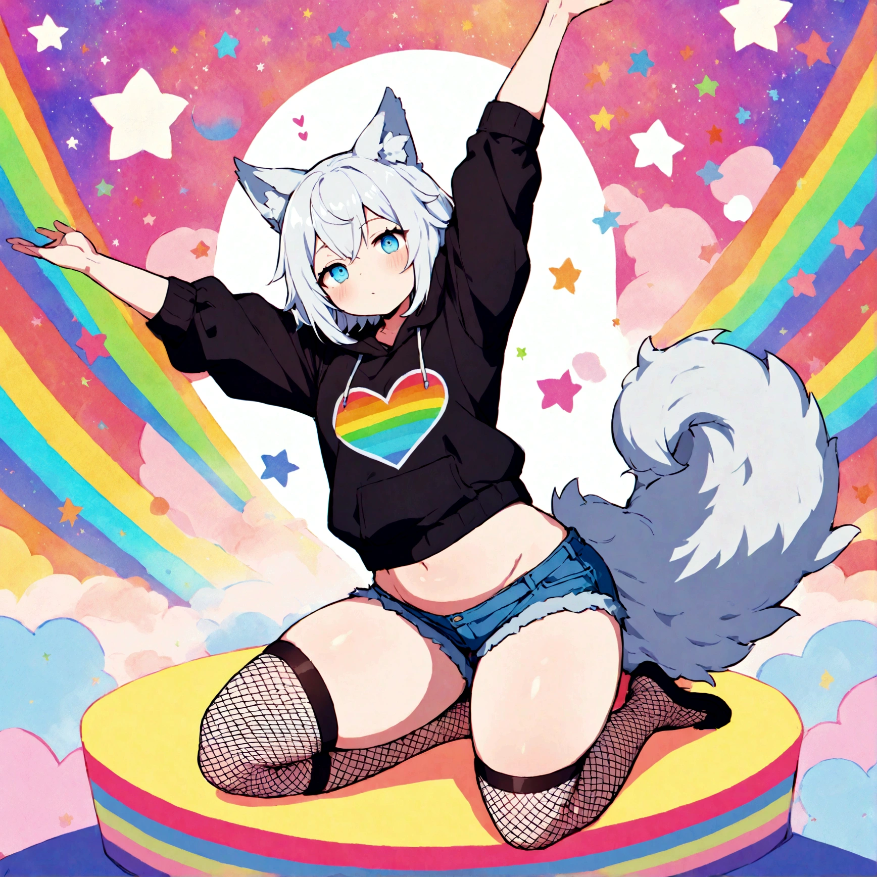 a cute adult male with wolf ears, white hair, has a wolf tail, wearing a loose cropped oversized black hoodie, wearing a pair of denim short shorts and fishnet stockings, thick thighs, wide hips, relaxing on mound of fluffy multi colored kawaii plushies, short, very slim, showing slender tummy, stretching out, heart on hoodie, squishy thighs, has glowing blue eyes. alone, solo (ALONE)(SOLO), surrounded by rainbows, colorful galaxy backround