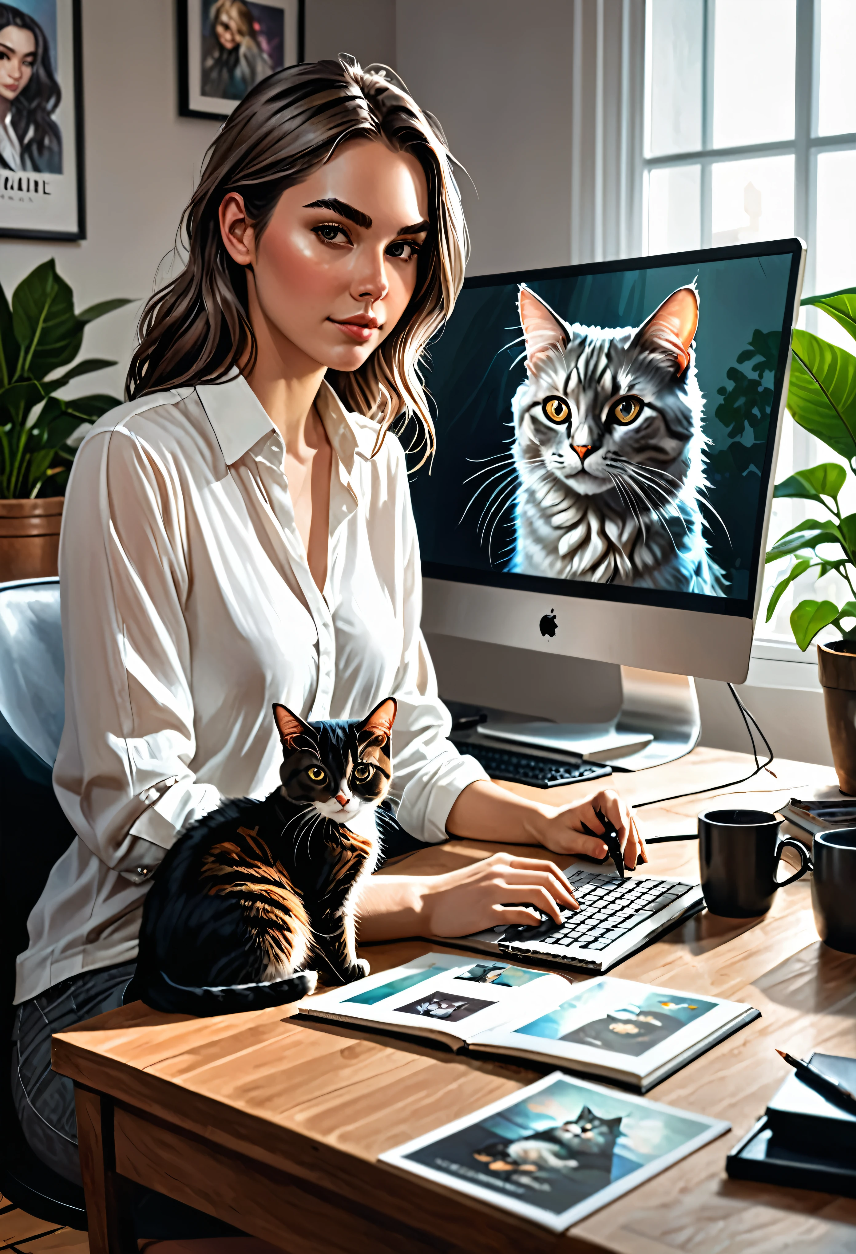 a woman sitting at a desk with a cat on the screen, easynegative,graphic artist magali villeneuve, beautiful young girl, realistic artstyle, roleplaying game art, artgerm and lois van baarle, alena aenami and artgerm, magali villeneuve and monet, 8k, character details,