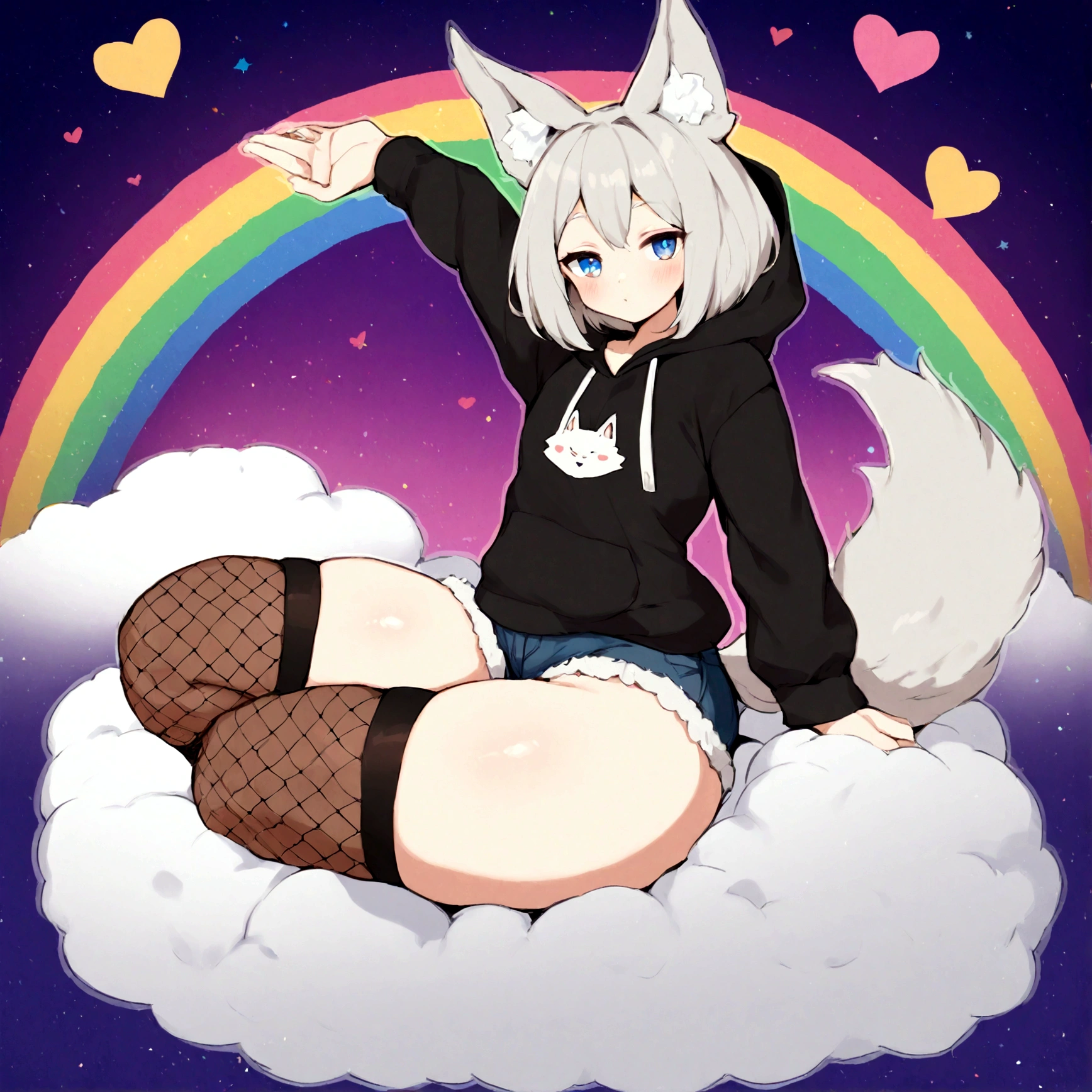 a cute adult male with wolf ears, white hair, has a wolf tail, wearing a loose cropped oversized black hoodie, wearing a pair of denim short shorts and thigh high fishnet stockings, thick thighs, wide hips, relaxing on mound of fluffy multi colored kawaii plushies, short, very slim, showing slender tummy, stretching out, heart on hoodie, squishy thighs, has glowing blue eyes. alone, solo (ALONE)(SOLO), surrounded by rainbows, colorful galaxy backround, nice butt