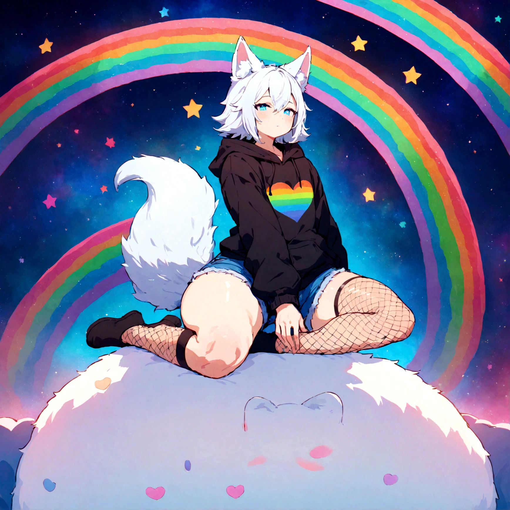 a cute adult male with wolf ears, white hair, has a wolf tail, wearing a loose cropped oversized black hoodie, wearing a pair of denim short shorts and fishnet stockings, thick thighs, wide hips, relaxing on mound of fluffy multi colored kawaii plushies, short, very slim, showing slender tummy, stretching out, heart on hoodie, squishy thighs, has glowing blue eyes. alone, solo (ALONE)(SOLO), surrounded by rainbows, colorful galaxy backround