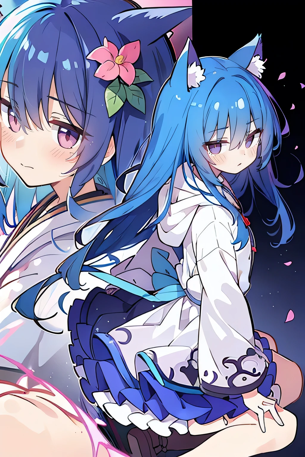 （masterpiece：1.2），Super detailed，lifelike，Expressive eyes，fair skin，perfect face shape，1 girl，
Japanese comics,Gorgeous blue hair,flowing blue hair,flowing clothes,Cat ears,Petals fall,beautiful lola,Baby Angel,
Shaking head with one hand，Cross your legs，Gentle and peaceful background，The pavilion is cool and comfortable,smile, wearing hoodie, background of tokyo,back views.