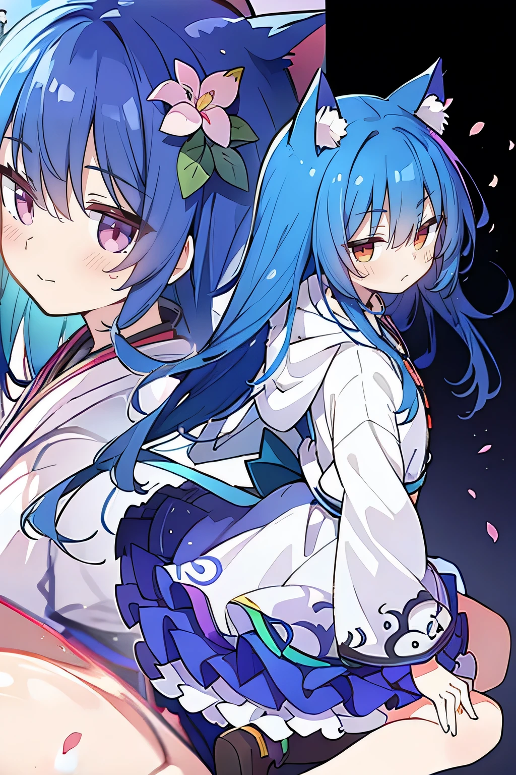 (masterpiece:1.2),Super detailed,lifelike,Expressive eyes,fair skin,perfect face shape,1 girl,
Japanese comics,Gorgeous blue hair,flowing blue hair,flowing clothes,Cat ears,Petals fall,beautiful lola,Baby Angel,
Shaking head with one hand,Cross your legs,Gentle and peaceful background,The pavilion is cool and comfortable,smile, wearing hoodie, background of tokyo,back views.