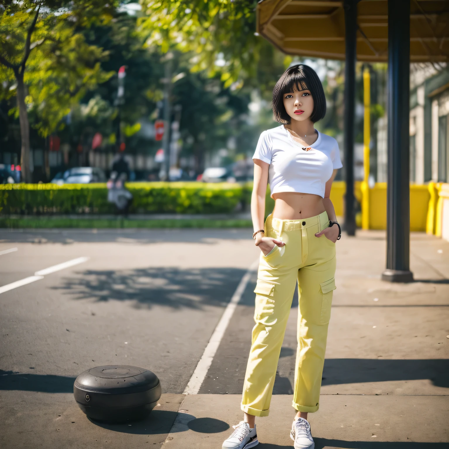 Professional, realistic, High level of detail, Full body photo of 18 years old woman, korean, Tight cargo pants, (white crop top t-shirt:1.3_MUST), (yelloe-off beanie:1.3(MUST)), (short black hair in  bob stylish:1.3), full body, Standing posing for a photo, hands in a pocket:1.3(Must) on a playground, photogrnic pose, (random standing pose: 1.3) ,Natural light, (Attractive young woman:1.3), (seductive:1.1), (blush:1.1), round and big breasts, cleavage, bacgkround at afternoon playground in south jakarta buildings