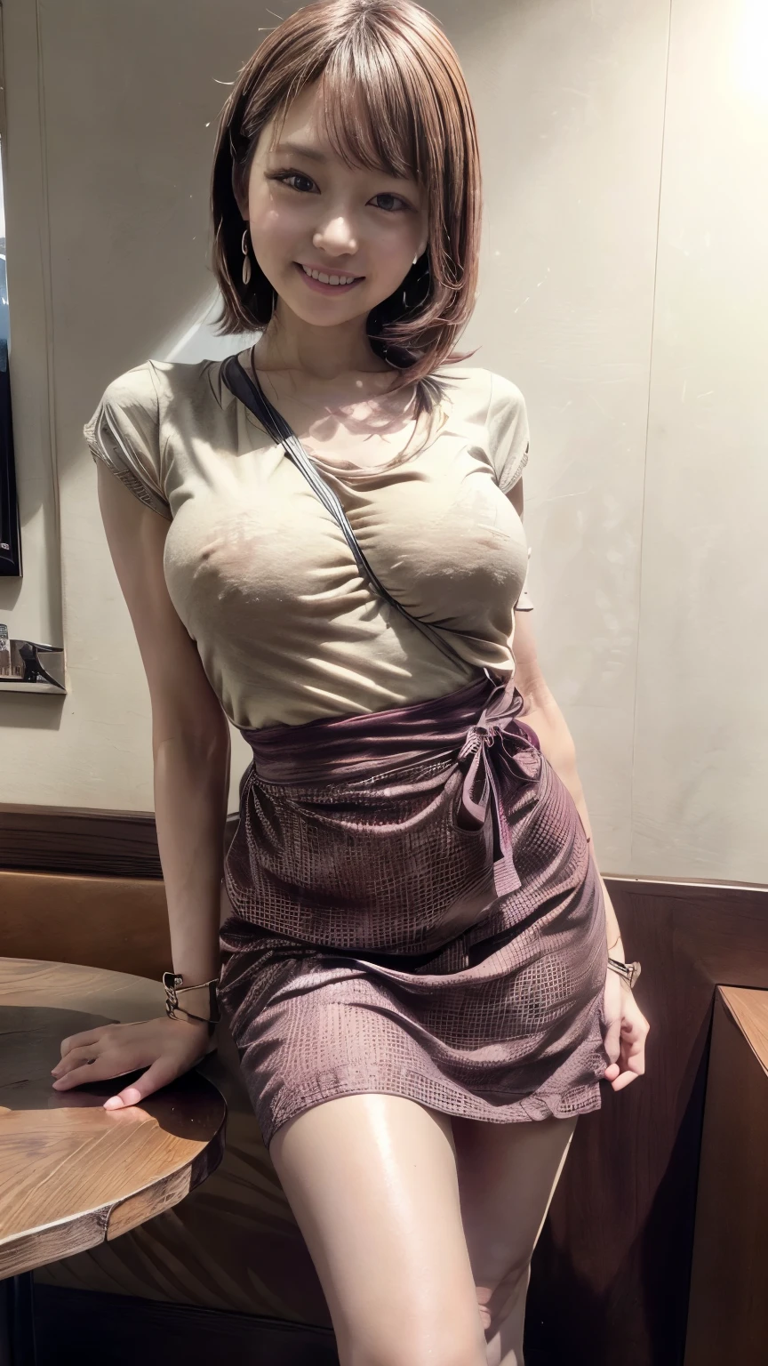 (Realistic、Like a photograph、Live Action、8k, Photorealistic, RAW Photos, Best image quality: 1.4), Single-lens reflex camera、RAW Photos, highest quality, Realistic, Highly detailed CG Unity 8k wallpaper, Written boundary depth, Cinematic Light, Lens flare, Ray Tracing, Realistic background、((high waist jumper skirt)、Cafe Staffの:1.4、blouse、Cafe Staff、Wear clothes that accentuate your bust size:1.3、apron、Big Breasts)、Random hairstyle with pink inner color:1.2、Medium Hair、Hair is up、Working in a cafe:1.4、((Ultra-dense skin))、 1 female,Cute Japanese Woman、Waitress at work、((whole body:1.5),Looking at the audience:1.1、Business Smile、I like that style、Pay attention to the details、The perfect outfit、Earrings、(White skin)、An accurate portrait、Accurate Arm、Accurate feet、Beautiful legs、Precise thighs
