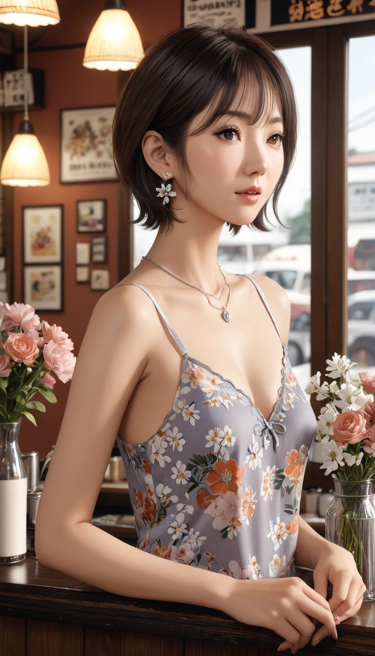 High resolution, RAW Photos, Realistic, Very delicate and beautiful, Very detailed, In detail, Highly detailed CG Unity 8k wallpaper, Super detailed, (highest quality, 32k, Ultra-high resolution:1.2), A photo of a beautiful Japanese woman wearing a floral camisole from the 1970s, short hair, Earrings, Silver Necklace, Old Coffee Shop, 8k, masterpiece