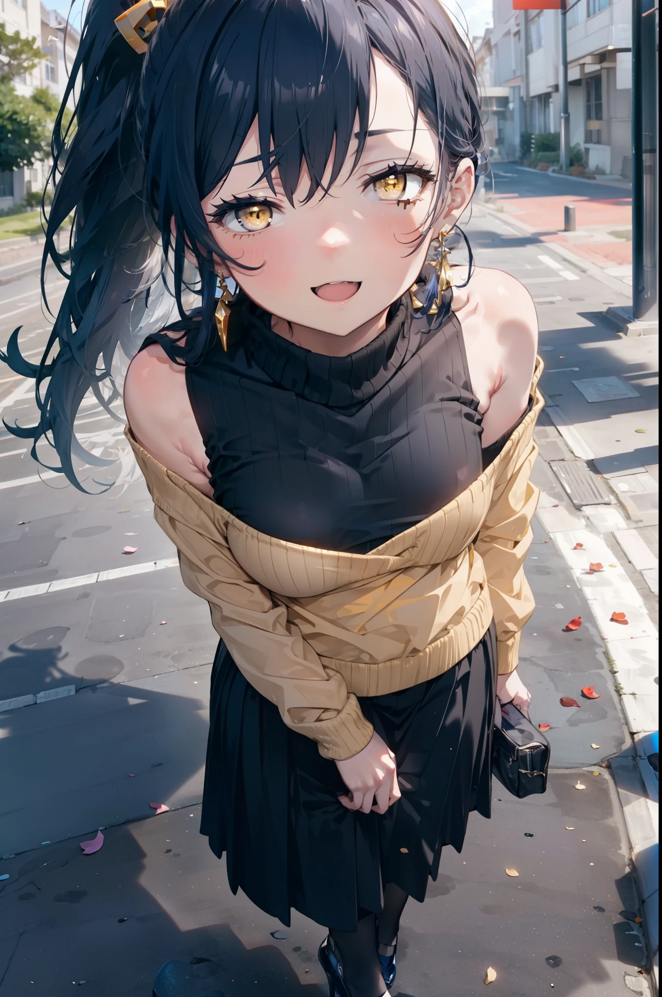 Kamisonoda, Umi Sonoda, Long Hair, ponytail,Blue Hair, (Yellow Eyes:1.5) (Flat Chest:1.2),happy smile, smile, Open your mouth,One-shoulder sweater,Long skirt,Black pantyhose,Stiletto heels,Daytime,Clear skies,walking,
break looking at viewer,whole body,
break outdoors,School,school gate,
break (masterpiece:1.2), highest quality, High resolution, unity 8k wallpaper, (figure:0.8), (Beautiful fine details:1.6), Highly detailed face, Perfect lighting, Highly detailed CG, (Perfect hands, Perfect Anatomy),