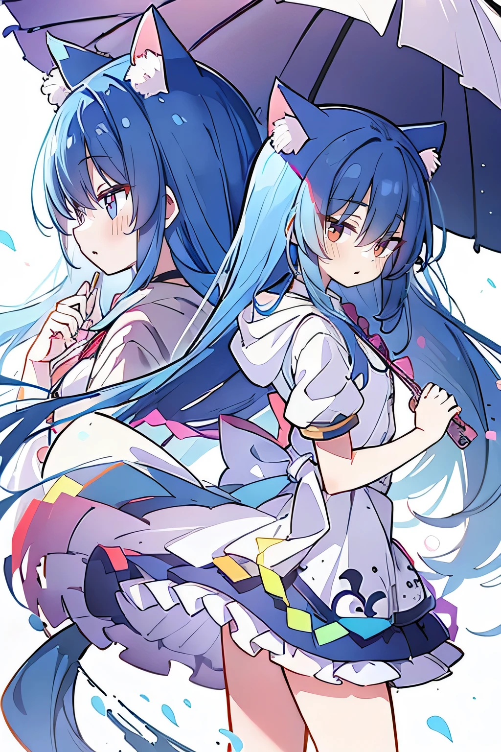 (masterpiece:1.2),Super detailed,lifelike,Expressive eyes,fair skin,perfect face shape,1 girl,
Japanese comics,Gorgeous blue hair,flowing blue hair,flowing clothes,Cat ears,Petals fall,beautiful lola,Baby Angel,
Shaking head with one hand,Cross your legs,Gentle and peaceful background,The pavilion is cool and comfortable,smile, wearing hoodie, background of tokyo,back views.