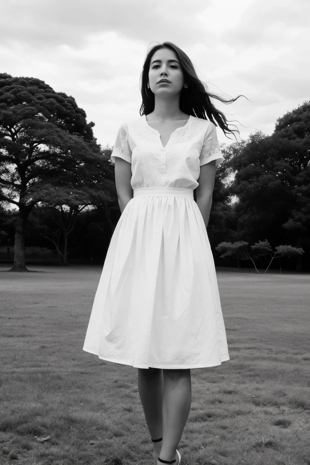 ((mejoe calidad)), ((obra maestra)), (detallado), 1 chica, soledad, sentada en un campo abierto, imagen a blanco y negro