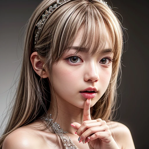 (highest quality,Super detailed,Physically Based Rendering:1.2), Realistic,Portraiture,Beautiful young woman with Delicate facial features,Soft lighting, Vibrant colors, ((Playfully licking finger with tongue, Gently placing a finger in the mouth)), (Close-up shot of sensual lips),Cheeks turn slightly red,A gentle and captivating gaze, cute baby finger . Studio gray background, many blurred colorful Lights (dazzling bokeH) . BREAK . (((NOGIZAKA face variations))) Extremely Detailed very KAWAII face variations, elaborate detailed Eyes with (sparkling highlights:1.2), (Voluminous long eyelashes:0.85)、Glossy RED Lips with beautiful details, Coquettish tongue, Rosy cheeks, Radiant PearlSkin with clear transparency, (Natural:0.8) Detailed FlawlessSkin with glowing DowneyHair . { (Dynamic LifeLike expressions) | :d) }, (large eyes:-1) . mouth_hold
