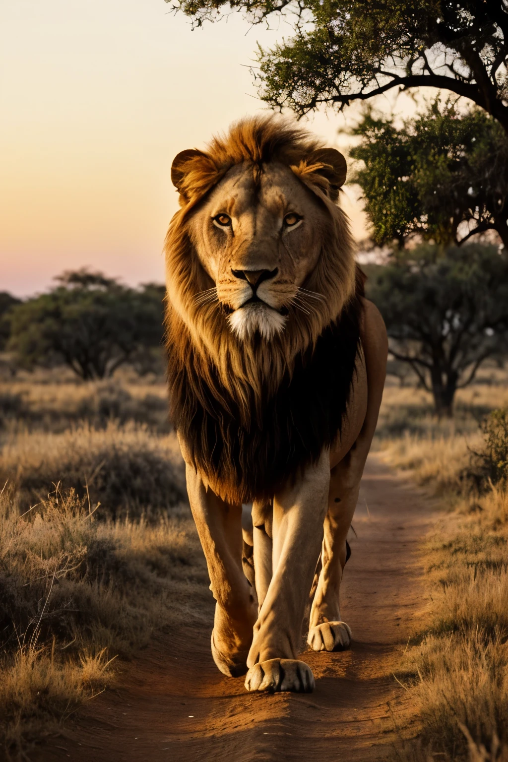An aging lion, weathered by time, walks alone across the savannah under the golden glow of sunset. His mane, once a lustrous golden crown, is now a mess of silver and gray. The hollows of his face tell tales of a life lived with courage and strength. He carries himself with a slow, deliberate gait, his every step echoing the wisdom of a thousand days under the African sky. His eyes, once fierce and full of life, hold a quiet, melancholic wisdom. The sun casts long shadows behind him, painting a picture of solitude and a life once filled with pride and companionship. This image, captured in the highest quality with the soft light of the setting sun