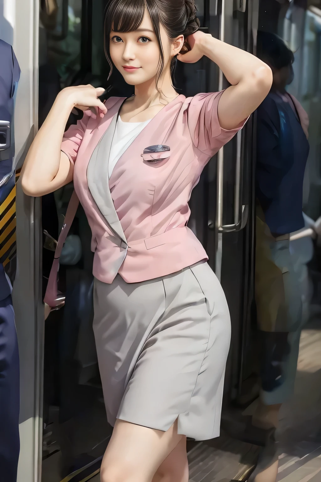 (masterpiece:1.2, highest quality:1.2), 32K HDR, High resolution, (alone、1 girl)、（On the rooftop of a building in the daytime、Professional Lighting）、Building rooftop background、（Nankai train crew uniform pinkを着たリアルスタイル）、（Nankai train crew uniform pink short sleeve pink jacket、Nankai Train Crew Uniform Pink Collarless Short Sleeve Blouse、Nankai Train Crew Uniform Pink Grey Knee-length Culottes）、Dark brown hair、（Hair tied up、Hair Bun、Hair Bun）、Dark brown hair、Long Shot、Big Breasts、Thin legs、（（Great hands：2.0）），（（Harmonious body proportions：1.5）），（（Normal limbs：2.0）），（（Normal finger：2.0）），（（Delicate eyes：2.0）），（（Normal eyes：2.0））)、smile、（Nankai Train Crew Uniform Pink Grey Knee-length Culottesを見せた美しい歩く姿）、Thin legs