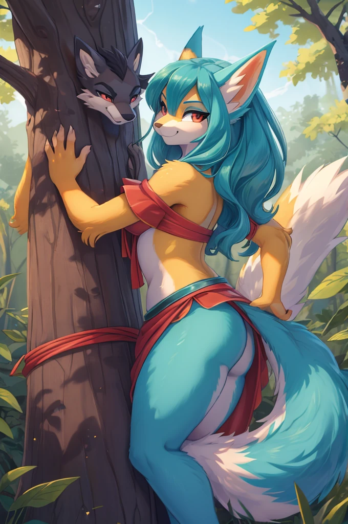 (obra maestra)), ((mejor calidad)), ((high resolution)), ((finamente detalle)), 1 chica, hatsume miku x suicune,sonrisa caitivadora, hocico de zorro, colmillos grandes,orejas de kitsune, cuerpo completo, forest landscape ((fushiminari)), patas hermosas, pisadas de zorro, posando, fairy clothes
