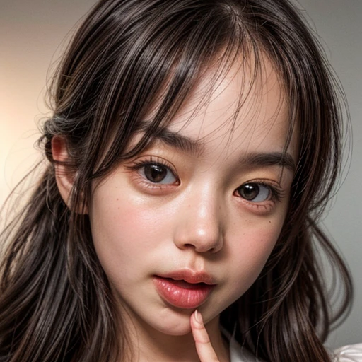 (highest quality,Super detailed,Physically Based Rendering:1.2), Realistic,Portraiture,Beautiful young woman with long wavy hair and captivating eyes,Delicate facial features,Soft lighting, Vibrant colors, ((Playfully licking fingers with tongue, Gently placing a finger in the mouth)),Subtle expressions of joy and anticipation,Romantic atmosphere, (Close-up shot of sensual lips),Cheeks turn slightly red,Sensual and sophisticated,A gentle and captivating gaze. centered, Studio gray background .