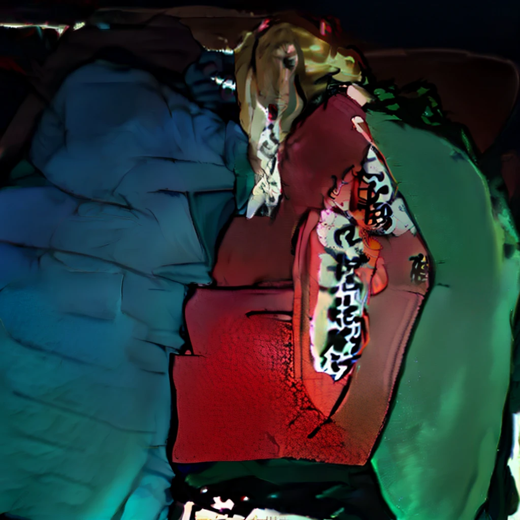 multiple thick body tsunade lying down front side on bed with view of konoha, show 50% back side, raised hips, tsunade robe tsunade jacket, top view