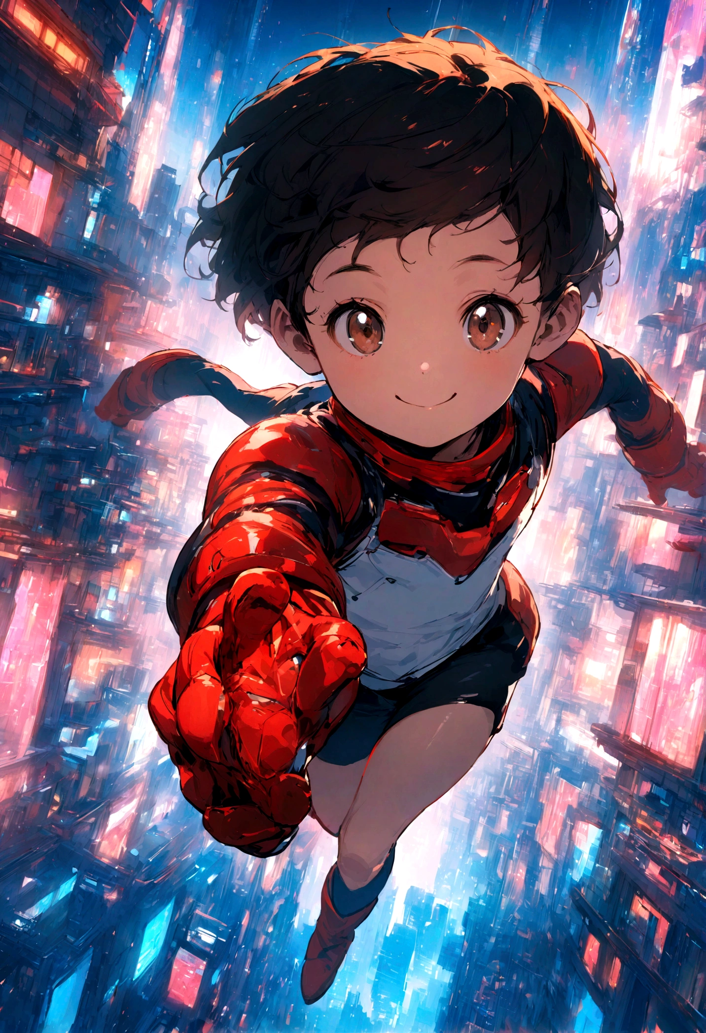 High quality portrait of Astro Boy running towards viewer, short legs, smiling. looking at viewer, Brown eyes, red boots, futuristic city background