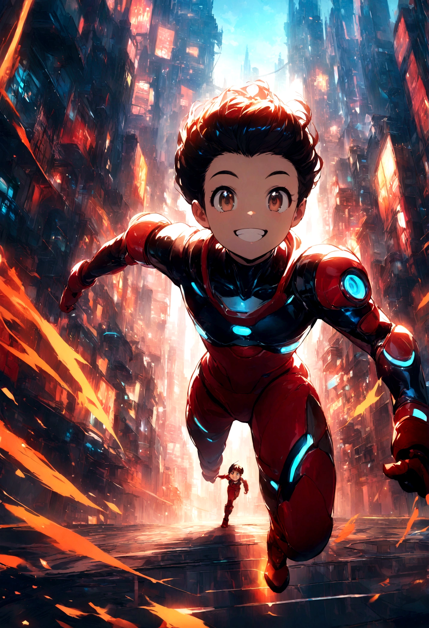 High quality portrait of Astro Boy running towards viewer, short legs, smiling. looking at viewer, Brown eyes, red boots, futuristic city background