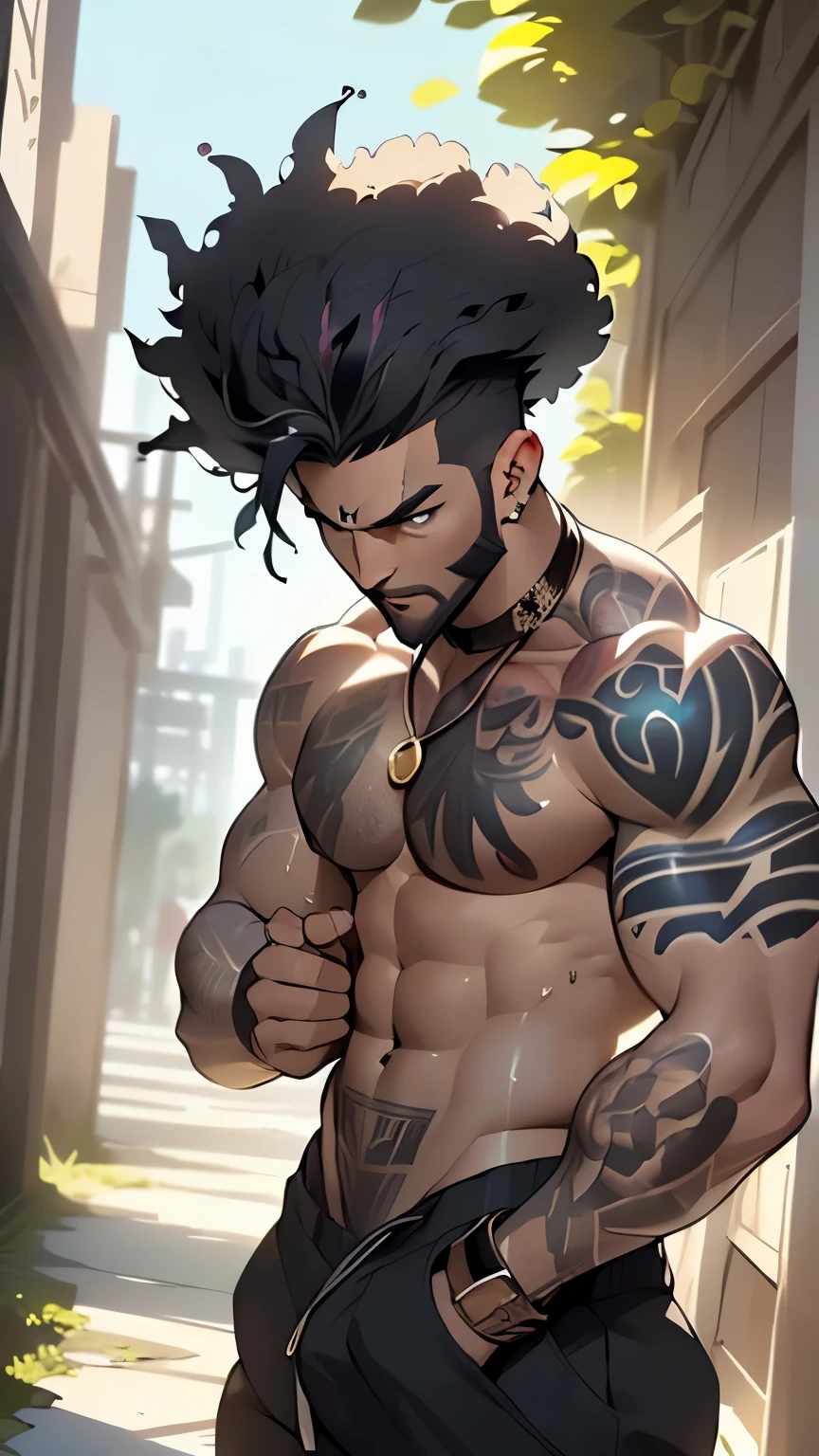 (male) of ancient Egypt,Egyptian (Sexy Haitian egyptian boy),((((1male,1 male, 1man, 1 man:1.5,man,male,male gender:1.5)))),((((young man,22 year old man,young)))),macho man,((((black race)))),
(((black Afro:1.5, rainbow hair:1.5))),(((eyes golden:1.3))),intricate eyes,beautiful detailed eyes,symmetrical eyes,(ultra-detailed black eyes:1.1,symmetrical eyes:1),man chest,(((dark skin lustrous skin:1.5,tanned skin,bright skin: 1.5,skin tanned,shiny skin,very shiny skin,shiny body))),perfect face,flat chest,slim figure,(((detailed face))),
((wicked man,dark character,corruption)),opulent,sumptuous,
(((tons of tattoos and piercings))),((((bare chest,naked torso)))),(barefoot,),(((slave,slave collar,Long chain leash connected to her collar,shackles,tribal pants,bulge in pants))),((tattoos and markings:1.5)),((torn clothes,wet clothing,intricate outfit)),
dynamic pose,looking at viewer,angry ,centered,scale to fit dimensions,Rule of thirds,
outdoors,pillars,((pillars background,egyptian palace,egyptian palace background,pyramids in the background)),scenery,extremely scenery,(puddles everywhere,moss,moss on the background),sunset, golden hour),
(Glossy Egyptian ornaments),highres,sharp focus,(ultra detailed,extremely detailed),(photorealistic artwork:1.37),(extremely detailed CG unity 8k wallpaper),(((vibrant colors,vibrant theme))),(intricate),(masterpiece),(best quality),artistic photography,(photography taken by sldr),(intricate background),perfect rendered face,perfect face details,realistic face,photo realistic,((intricate detail)),(((realism))),