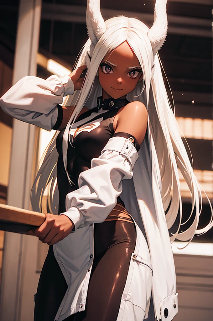 beautiful young warrior with bunny ears on her head, com rosto bem detalhado e bonito, belos olhos, belos olhos, rosto lindo, mulher jovem e bonita vestindo leggings longas com detalhes pretos, usando mini saia curta, usando jaqueta de couro preta, parado em um castelo, usando bota preta, cabelo comprido branco, ,orelhas de coelho, belo sorriso, moleca, um pouco musculoso,suter branco com cinta em volta, olhar serio,usando jaqueta de couro , jaqueta de couro