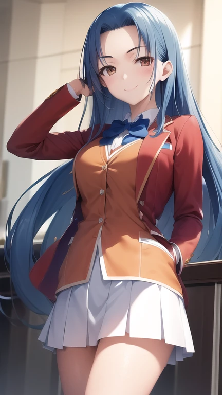 masterpiece, best quality, highres, 1girl haruka hasebe blue hair,  white skirt white skirt red jacket orange vest blue bowtie hands in pockets, smile