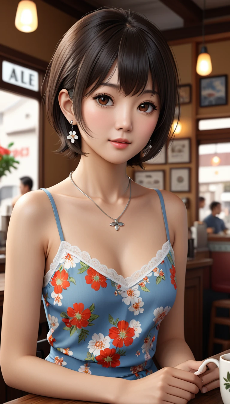 High resolution, RAW Photos, Realistic, Very delicate and beautiful, Very detailed, In detail, Highly detailed CG Unity 8k wallpaper, Super detailed, (highest quality, 32k, Ultra-high resolution:1.2), A photo of a beautiful Japanese woman wearing a floral camisole from the 1970s, short hair, Earrings, Silver Necklace, Old Coffee Shop, 8k, masterpiece