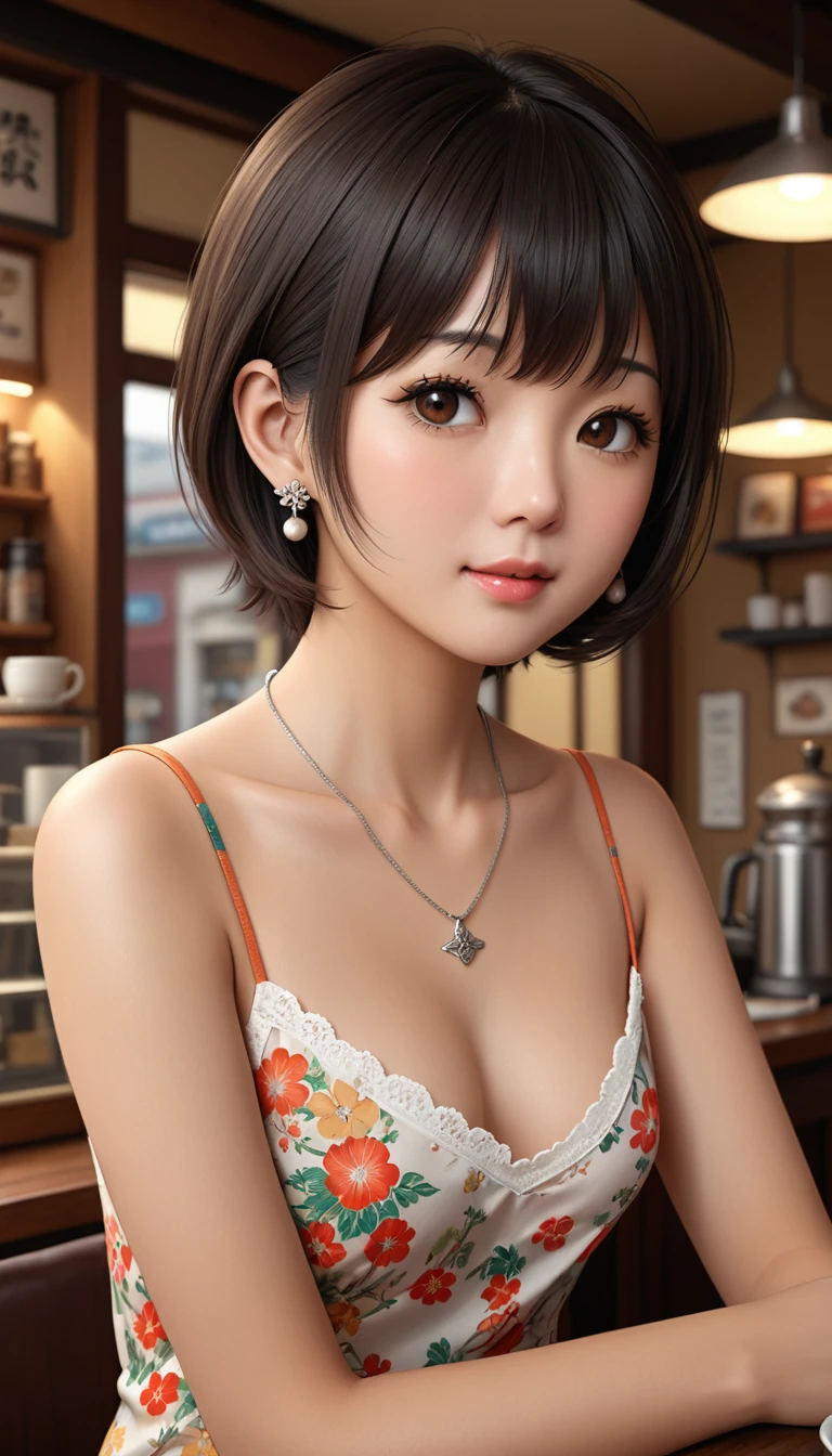 High resolution, RAW Photos, Realistic, Very delicate and beautiful, Very detailed, In detail, Highly detailed CG Unity 8k wallpaper, Super detailed, (highest quality, 32k, Ultra-high resolution:1.2), A photo of a beautiful Japanese woman wearing a floral camisole from the 1970s, short hair, Earrings, Silver Necklace, Old Coffee Shop, 8k, masterpiece